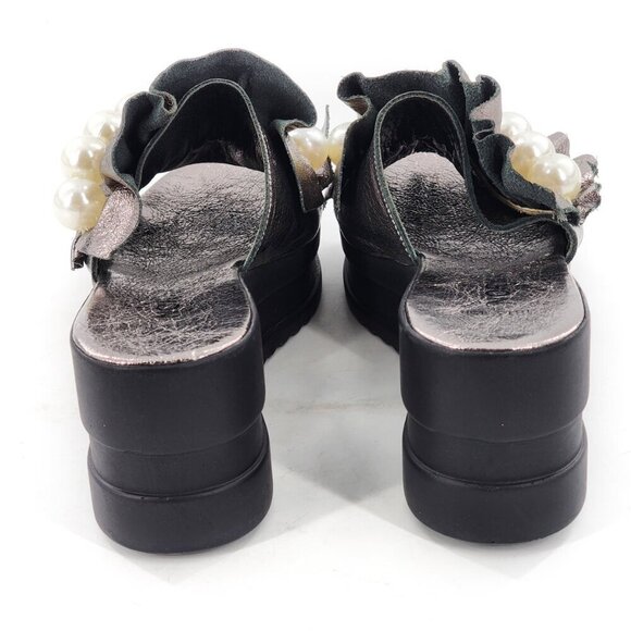 NORKA Silver Leather Ruffle Platform Wedge Slide Sandals With Pearls - Picture 6 of 9